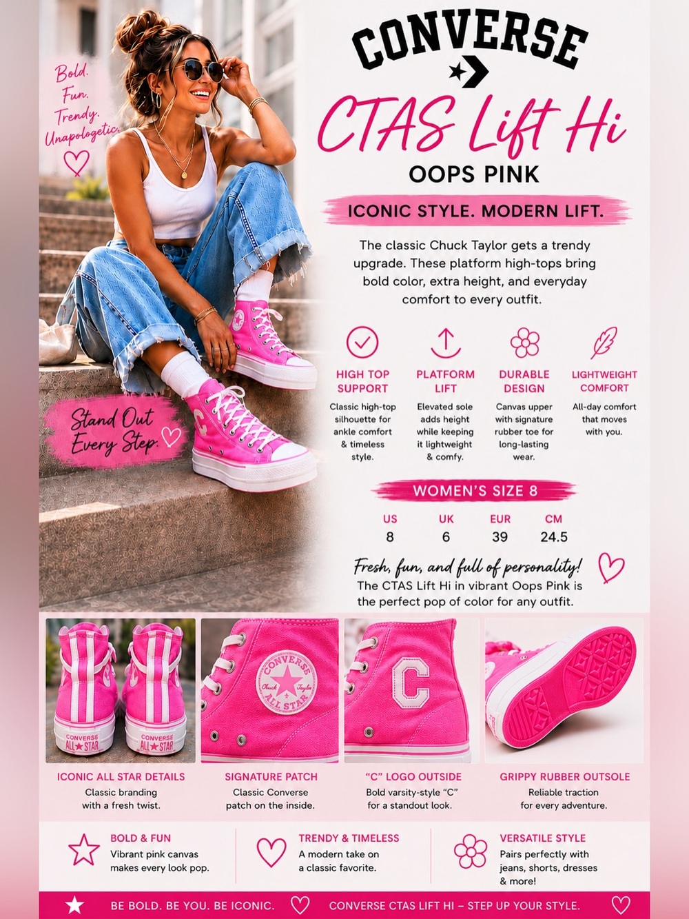 Converse CTAS lift Sneakers Oops Pink Canvas High-Tops size 8 New with tag